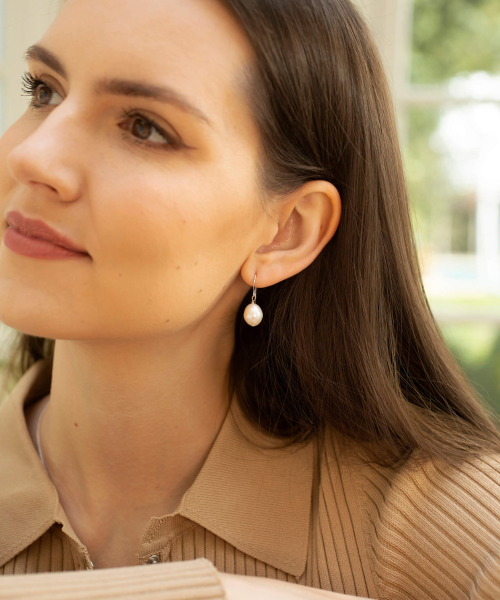 Pearl drop earrings, silver