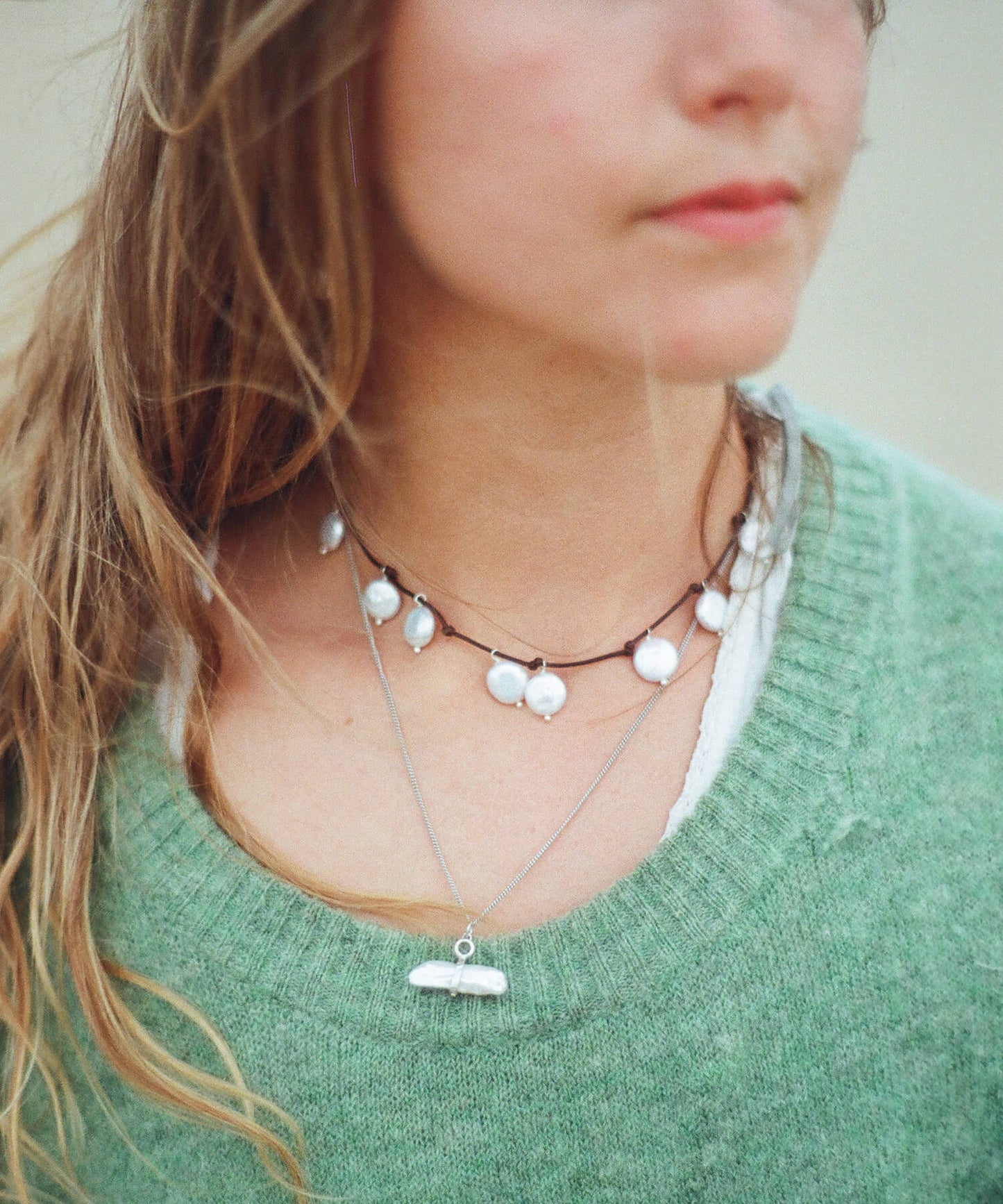 Coin Pearl charm adjustable cord necklace