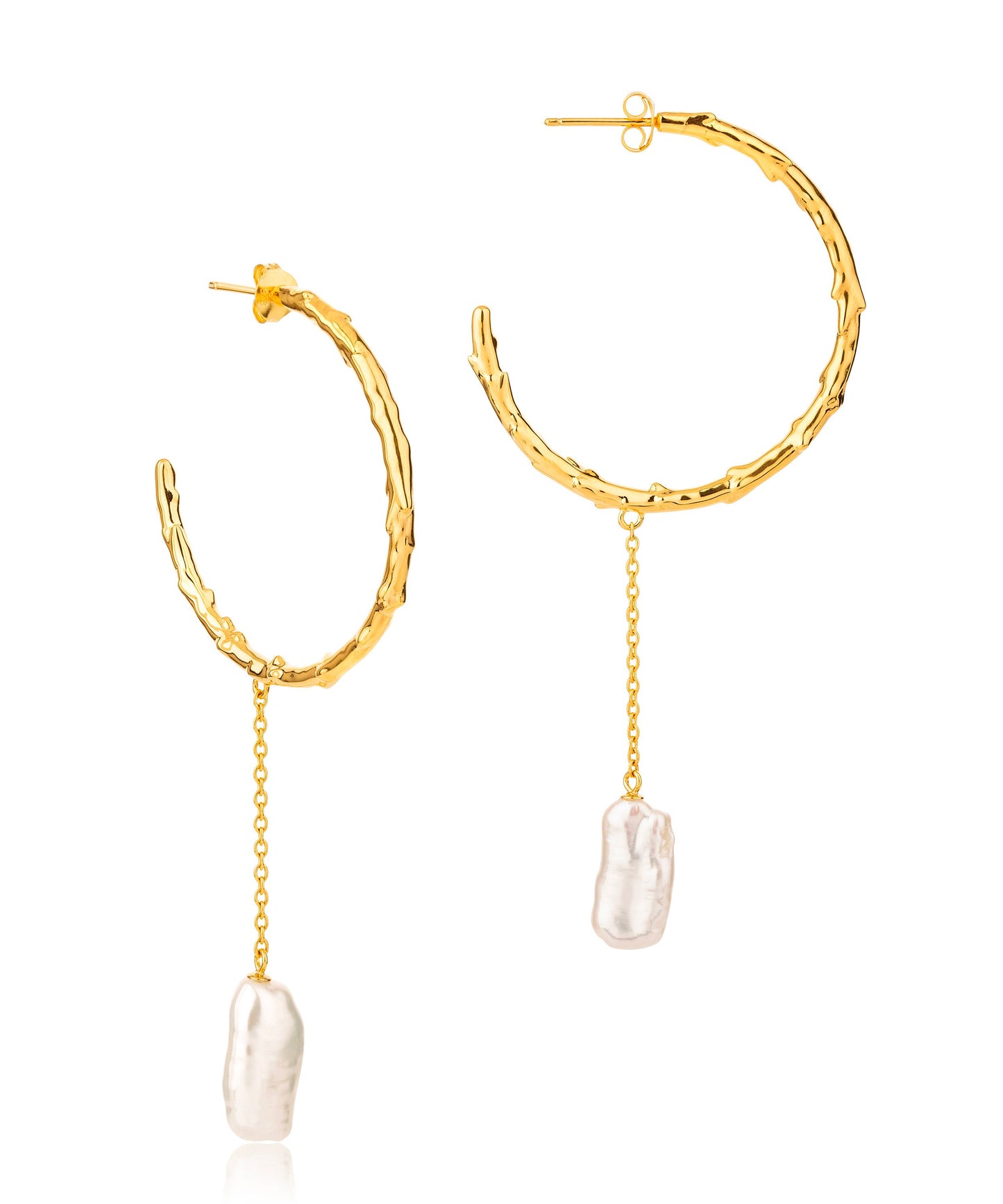 Large volcano hoop gold earrings with long biwa pearl drop