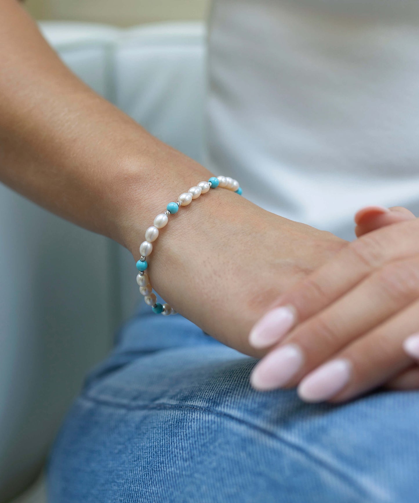 Turquoise and pearl silver bead eternity bracelet