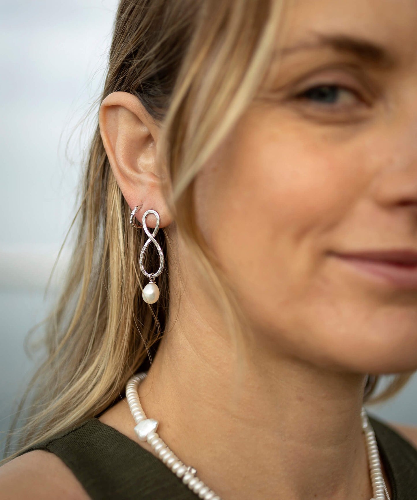 Siren mermaid silhouette silver earrings, with freshwater pearl drop