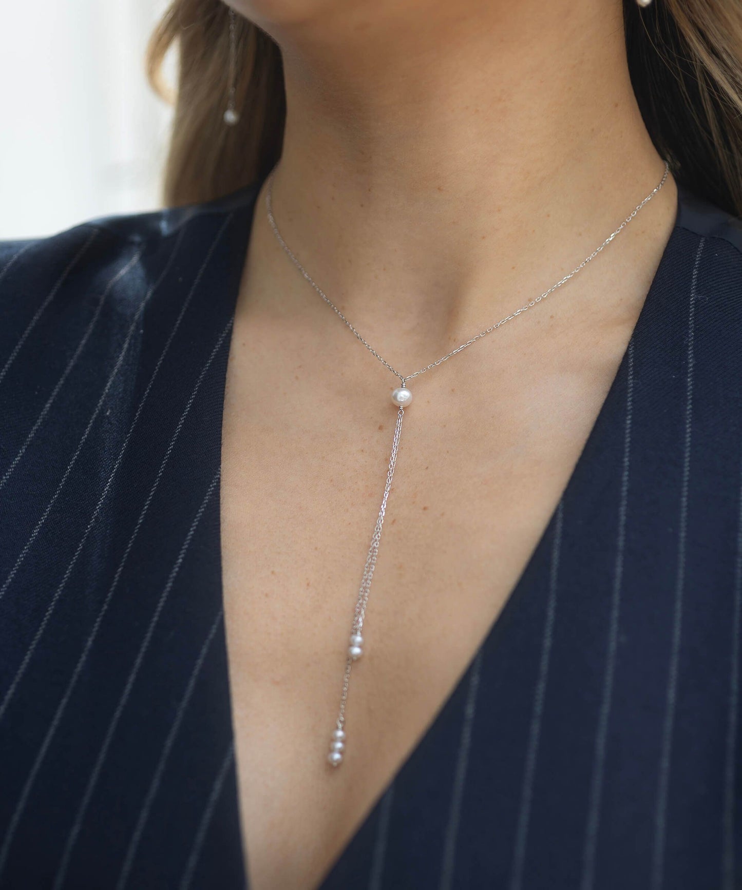 Mermaid pearl lariat silver necklace
