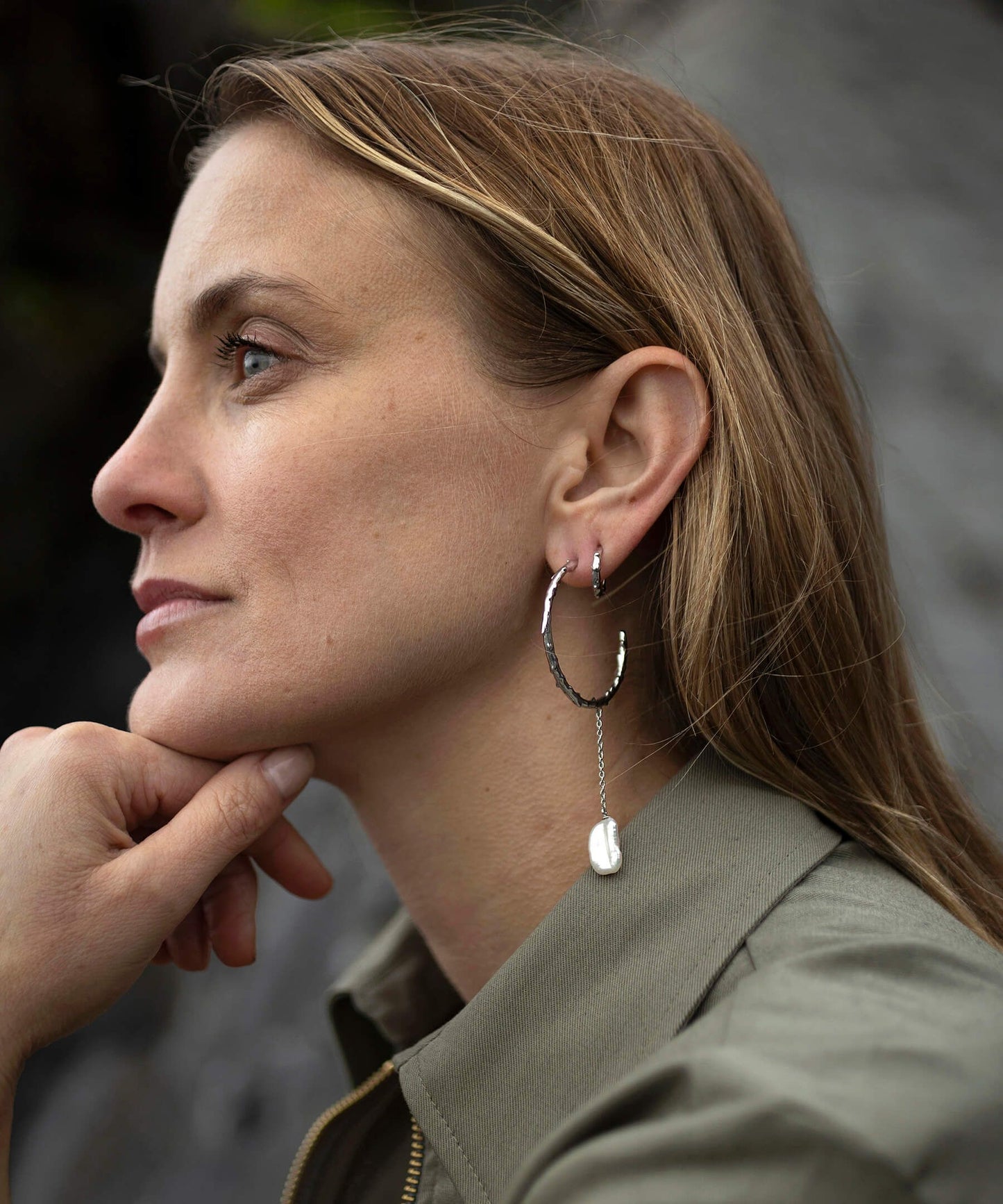 Large volcano hoop silver earrings with long biwa pearl drop