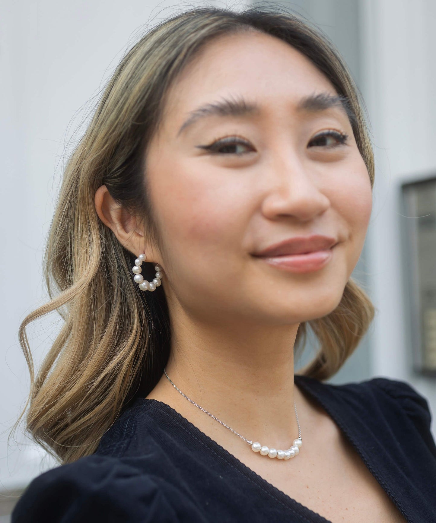 Medium pearl graduated mermaid silver hoop earrings