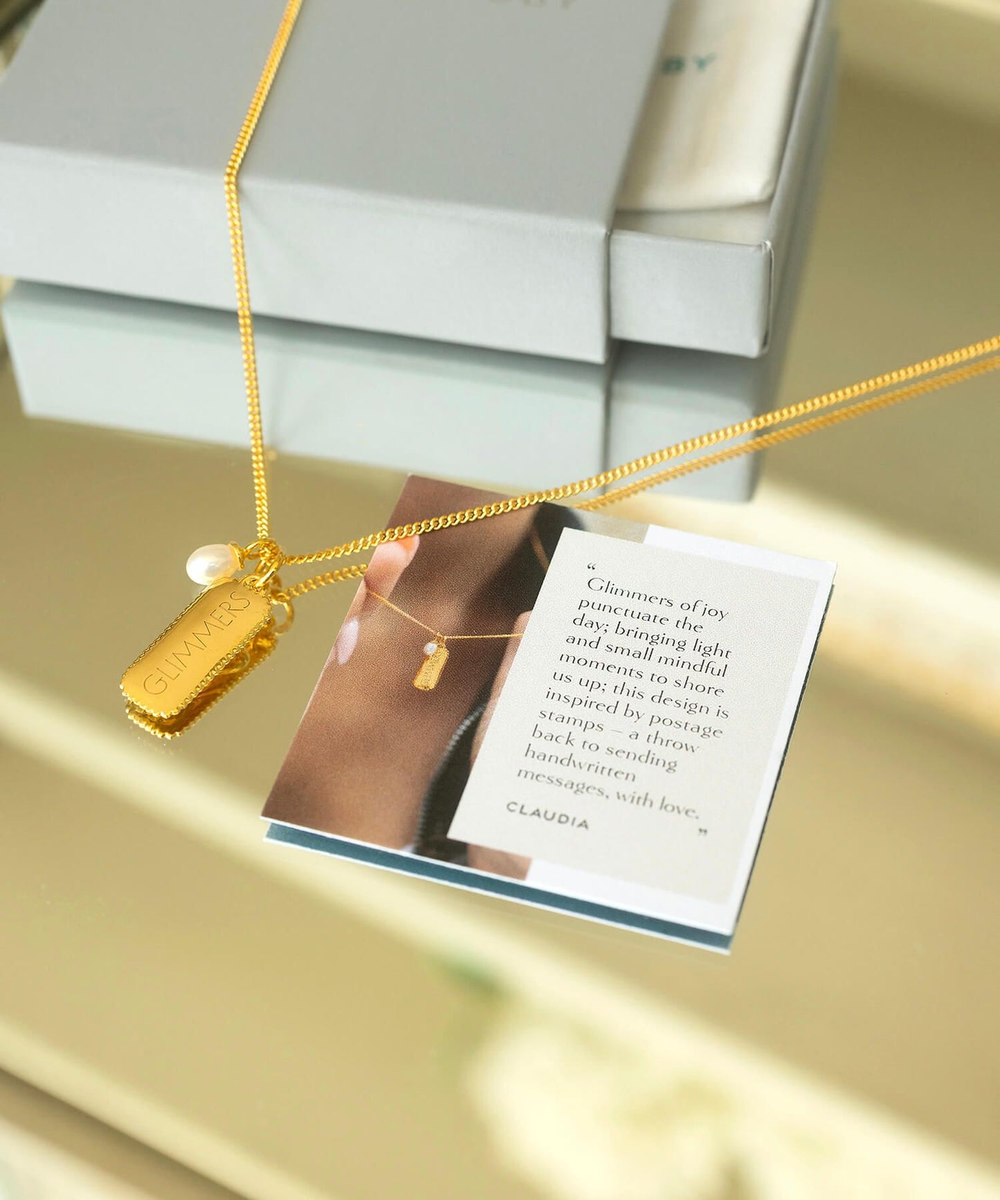 Single Pearl Gold Glimmers Pendant Necklace and story card