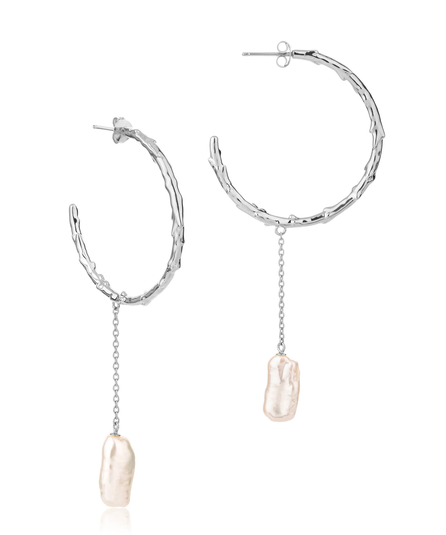 Large volcano hoop silver earrings with long biwa pearl drop