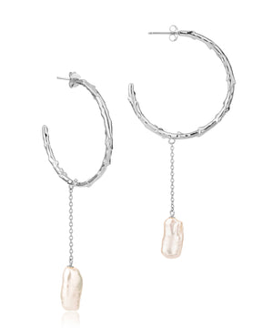 Large volcano hoop silver earrings with long biwa pearl drop