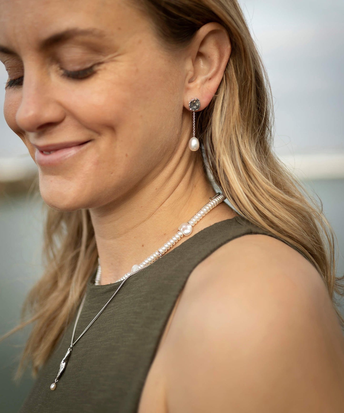 Molten lava silver stud with removeable chain pearl charm