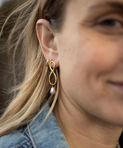 Siren mermaid silhouette gold earrings, with freshwater pearl drop