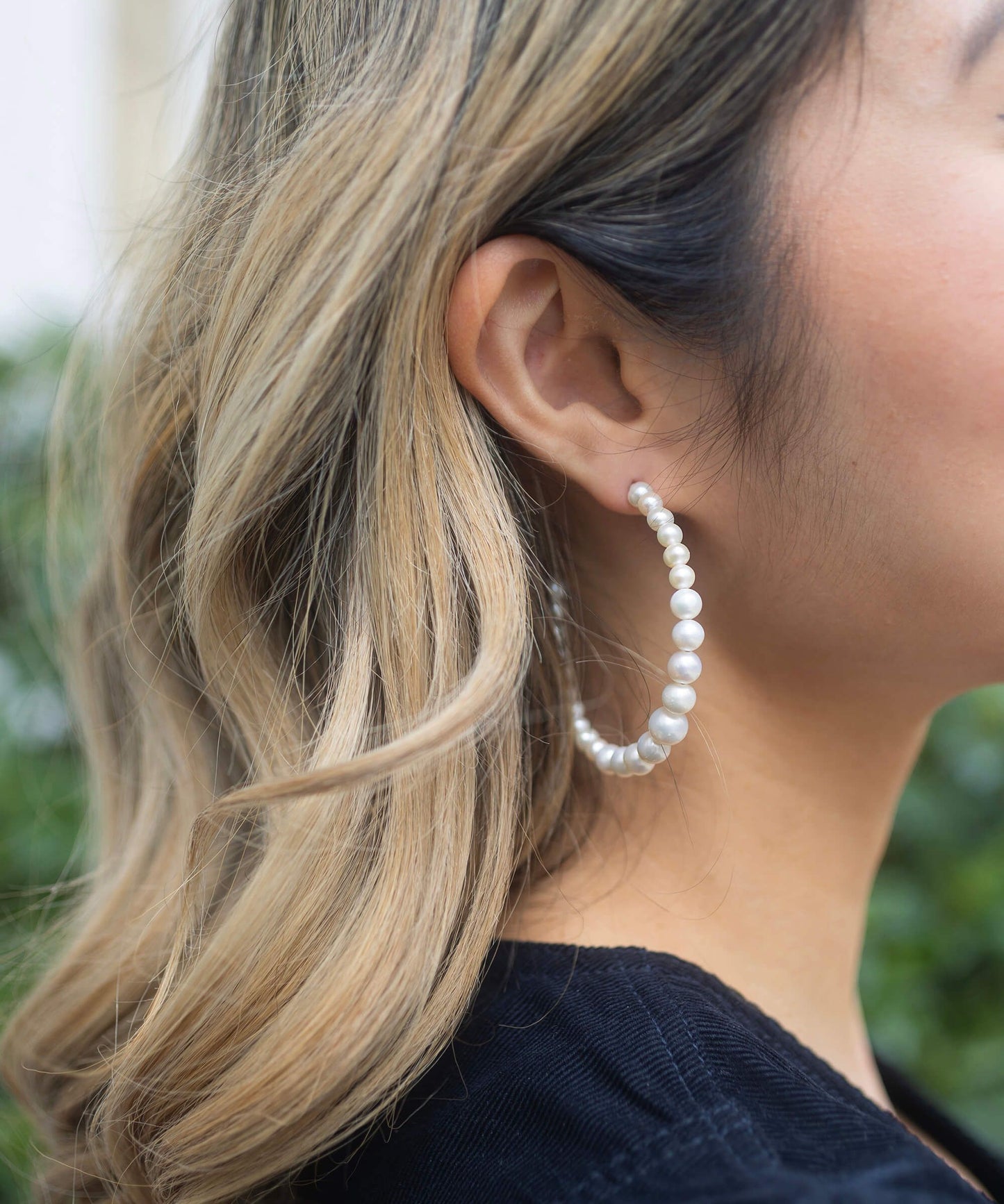 Large pearl graduated mermaid gold hoop earrings