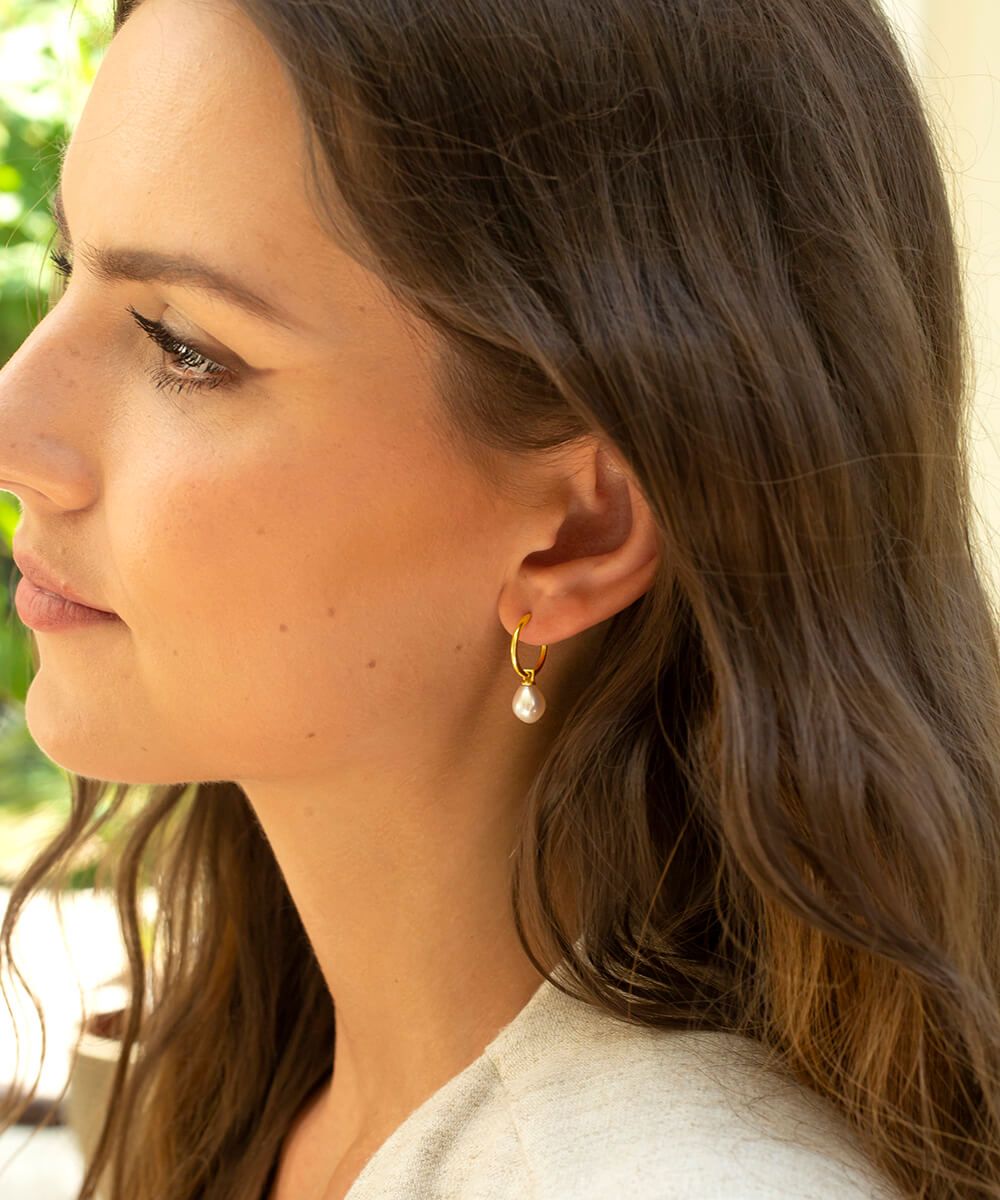 Small gold pearl hoop earrings