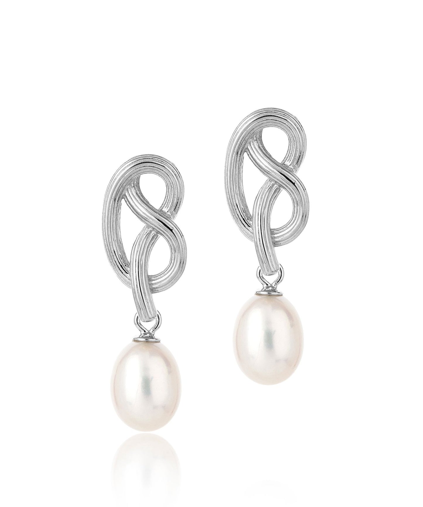 Medium love knot pearl drop earrings, silver