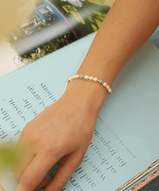 Turquoise and pearl gold bead eternity bracelet