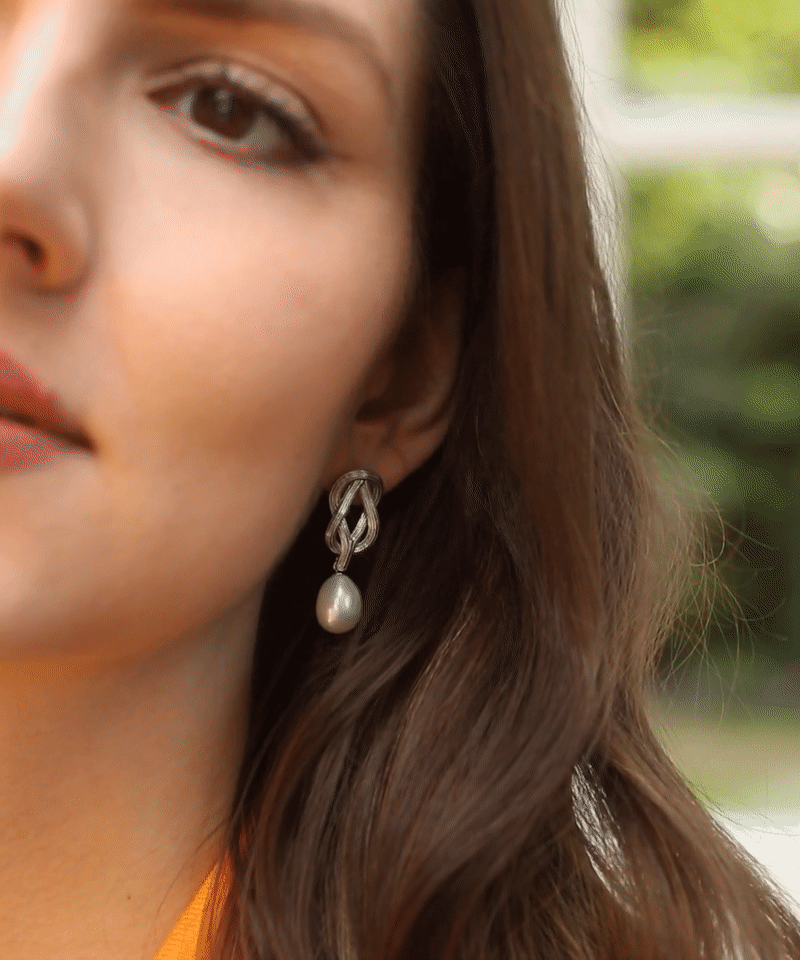 Love knot pearl drop earrings, silver