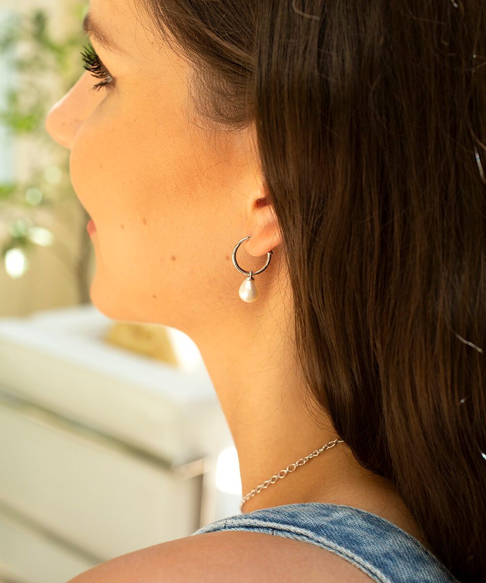 Small silver favourite pearl hoop earrings