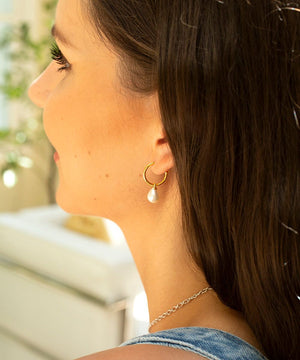 Small gold pearl hoop earrings
