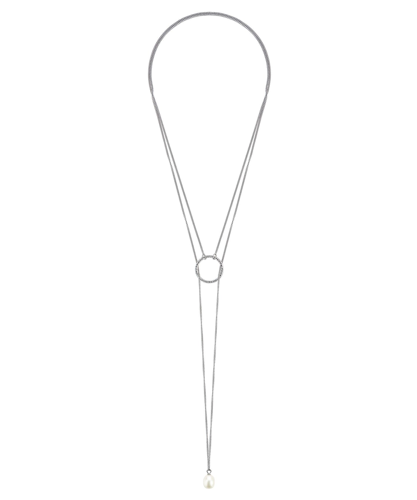 Silver Cirque lariat with white pearl necklace