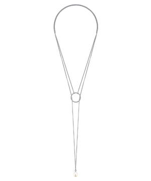 Silver Cirque lariat with white pearl necklace