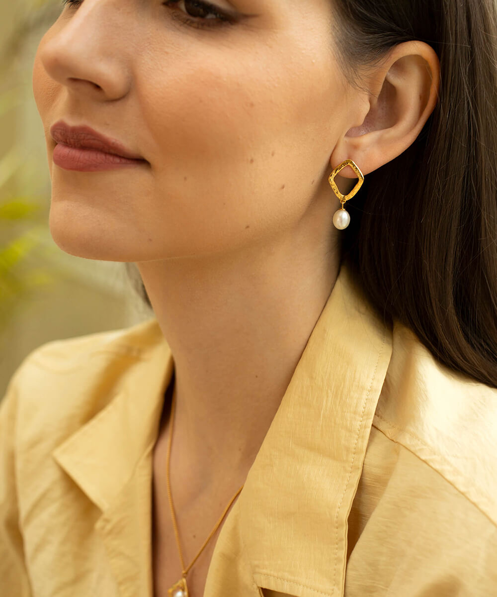 Thalassa Gold Ripple Studs with Pearl Drop earrings