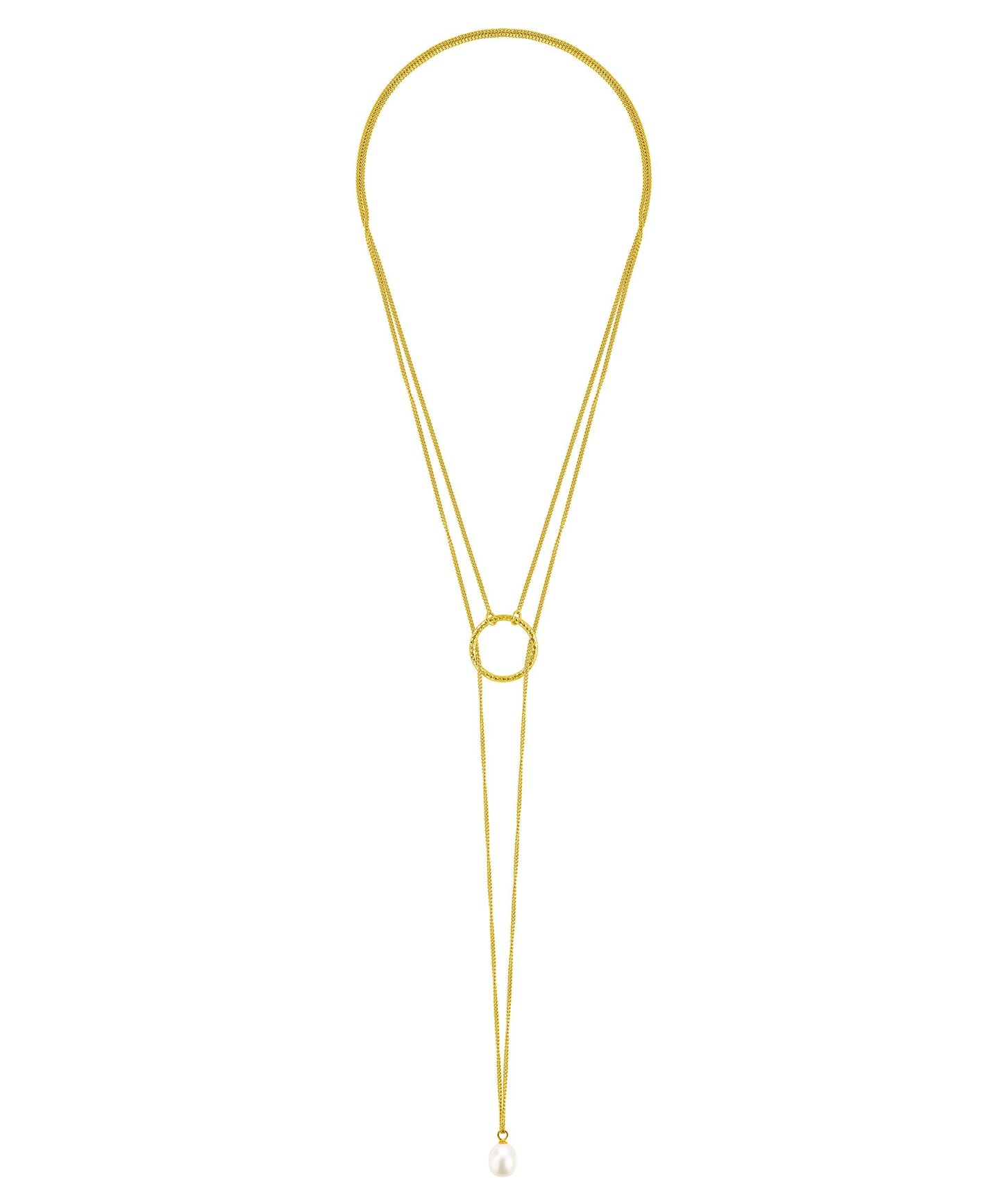 Gold Cirque lariat with white pearl necklace