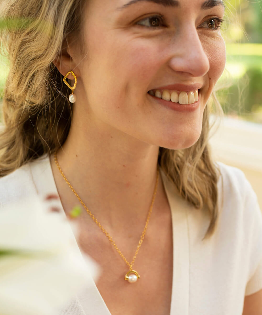 Thalassa Gold Ripple Studs with Pearl Drop earrings