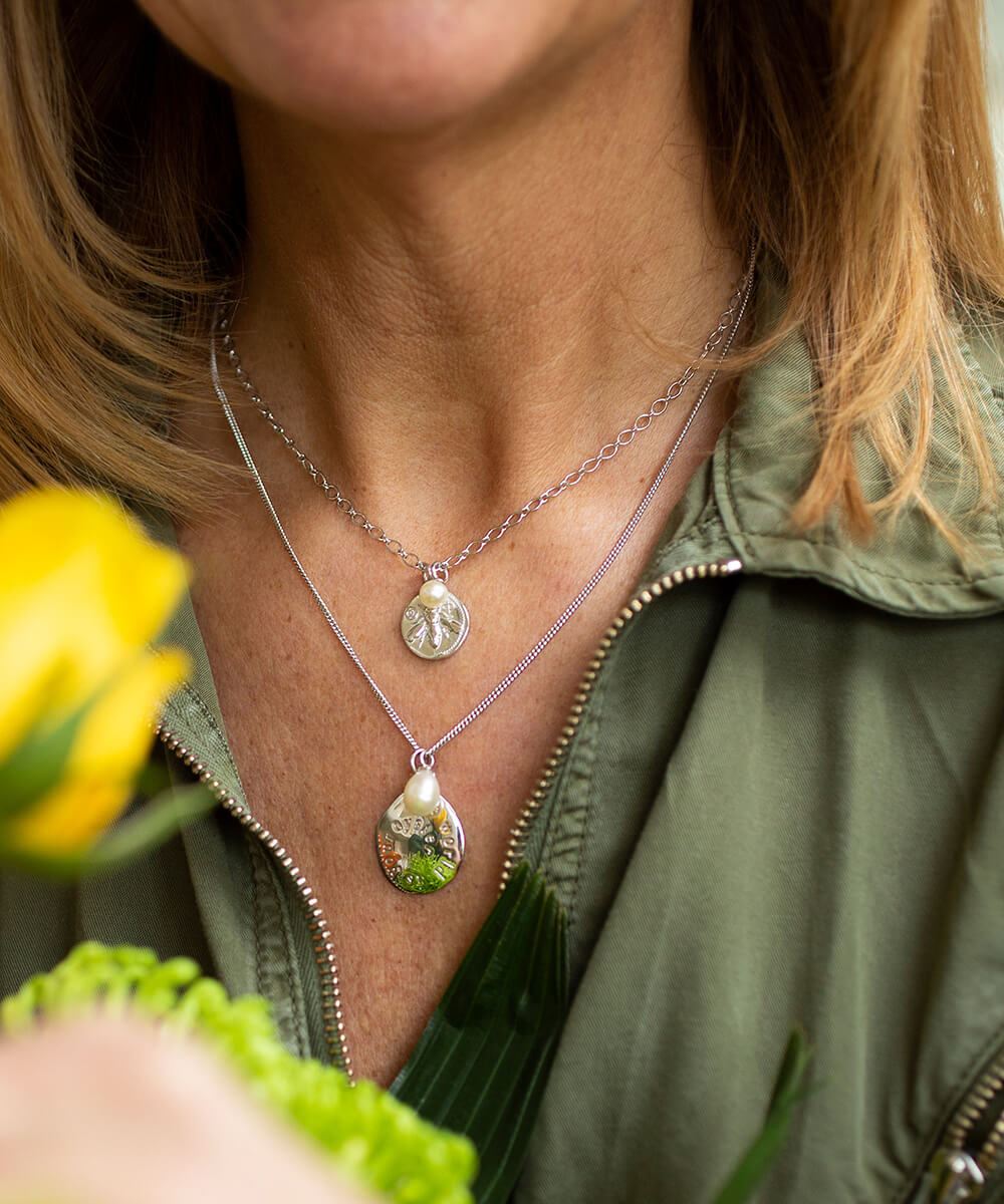Honey bee silver charm necklace, medium coin