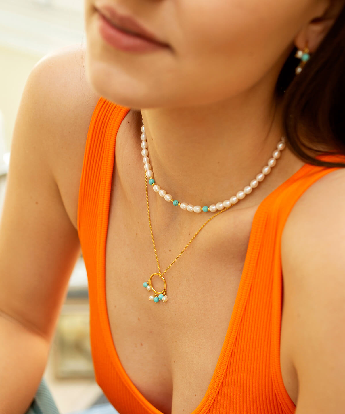 Turquoise and pearl silver bead choker, 3 beads