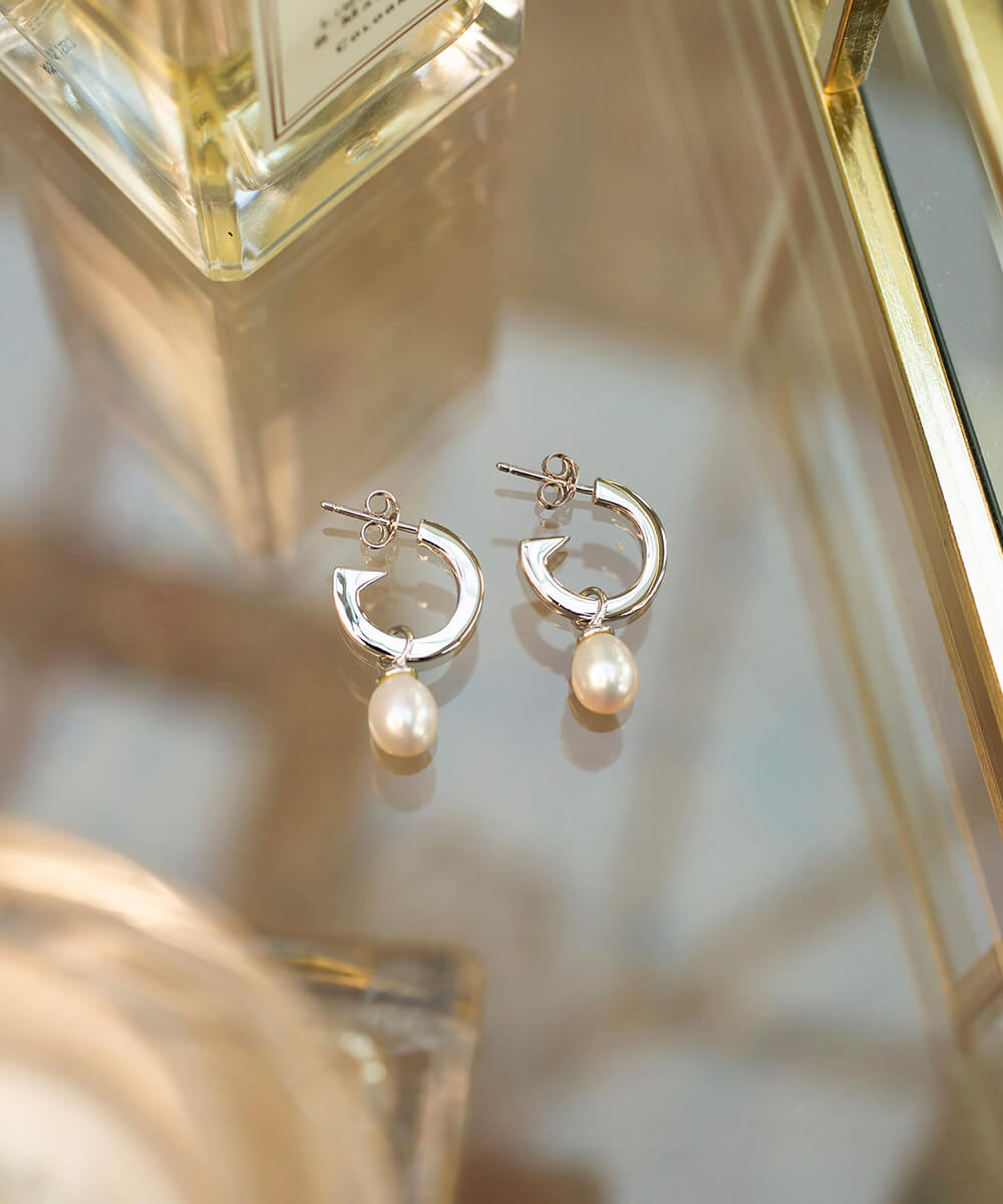 Biography Pearl Silver Hoop Earrings