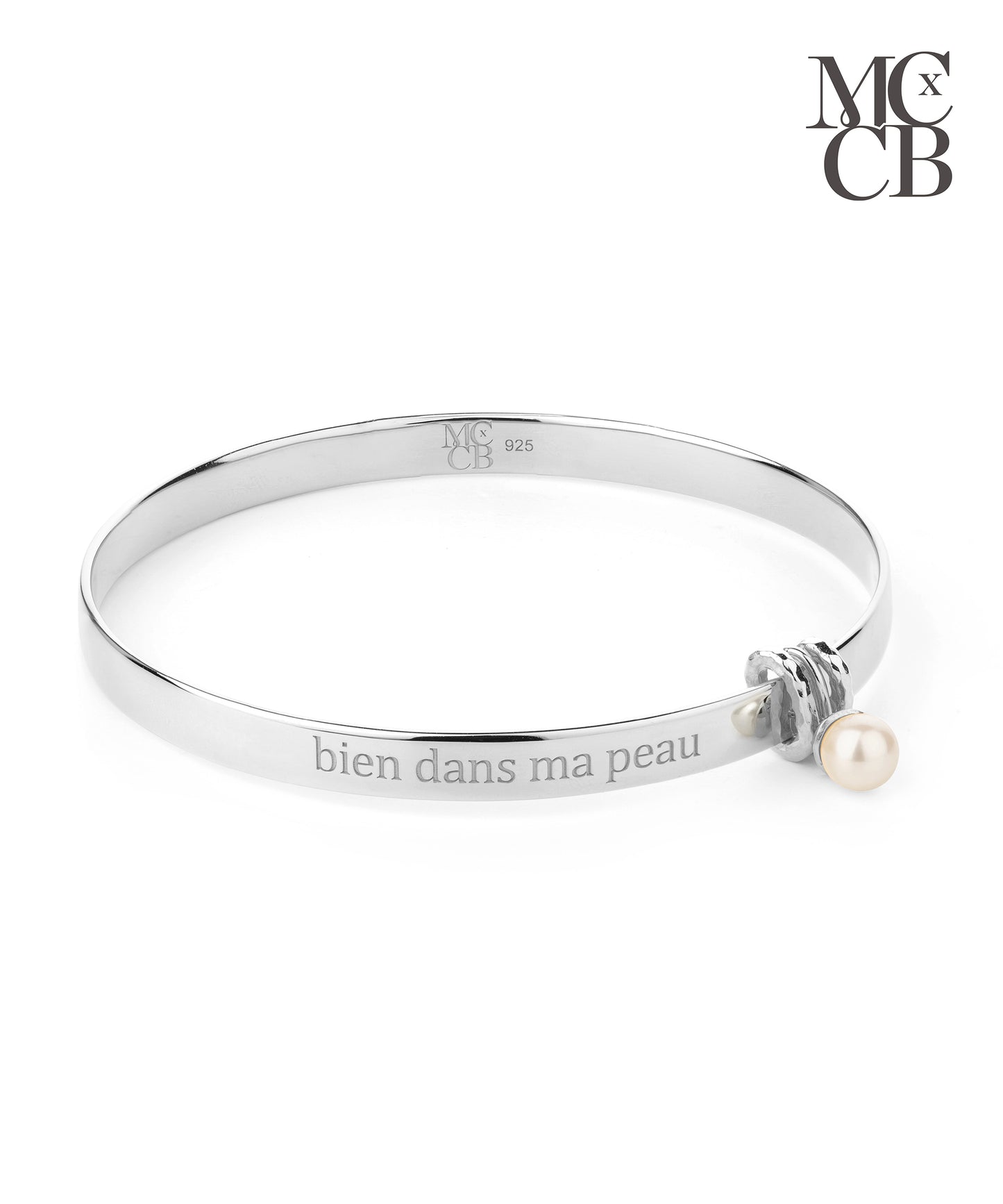 Midlifechic mantra ROUND silver bangle with single pearl charm, rhodium plate