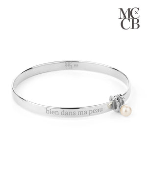 Midlifechic mantra ROUND silver bangle with single pearl charm, rhodium plate