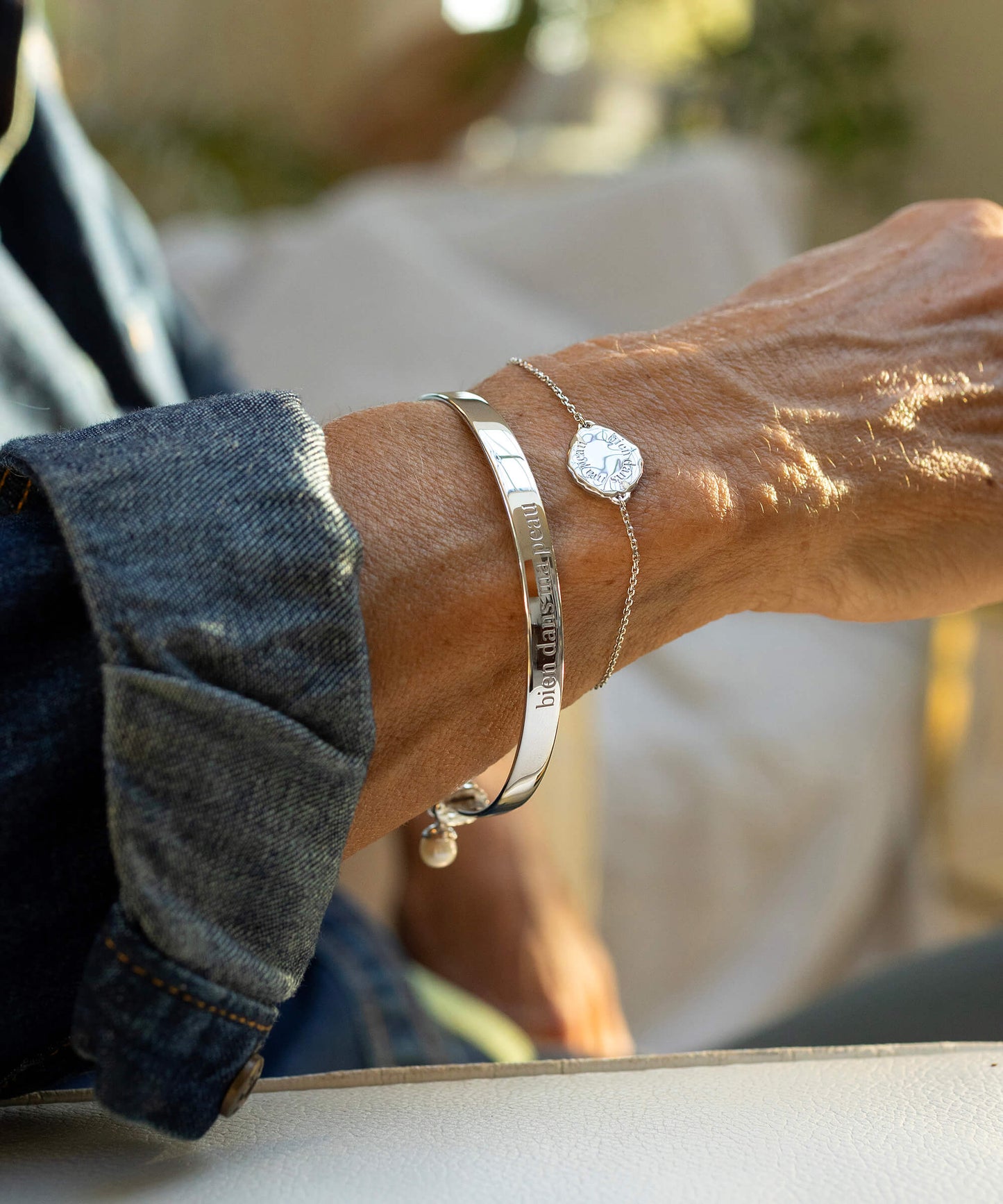 Midlifechic mantra ROUND silver bangle with single pearl charm, rhodium plate