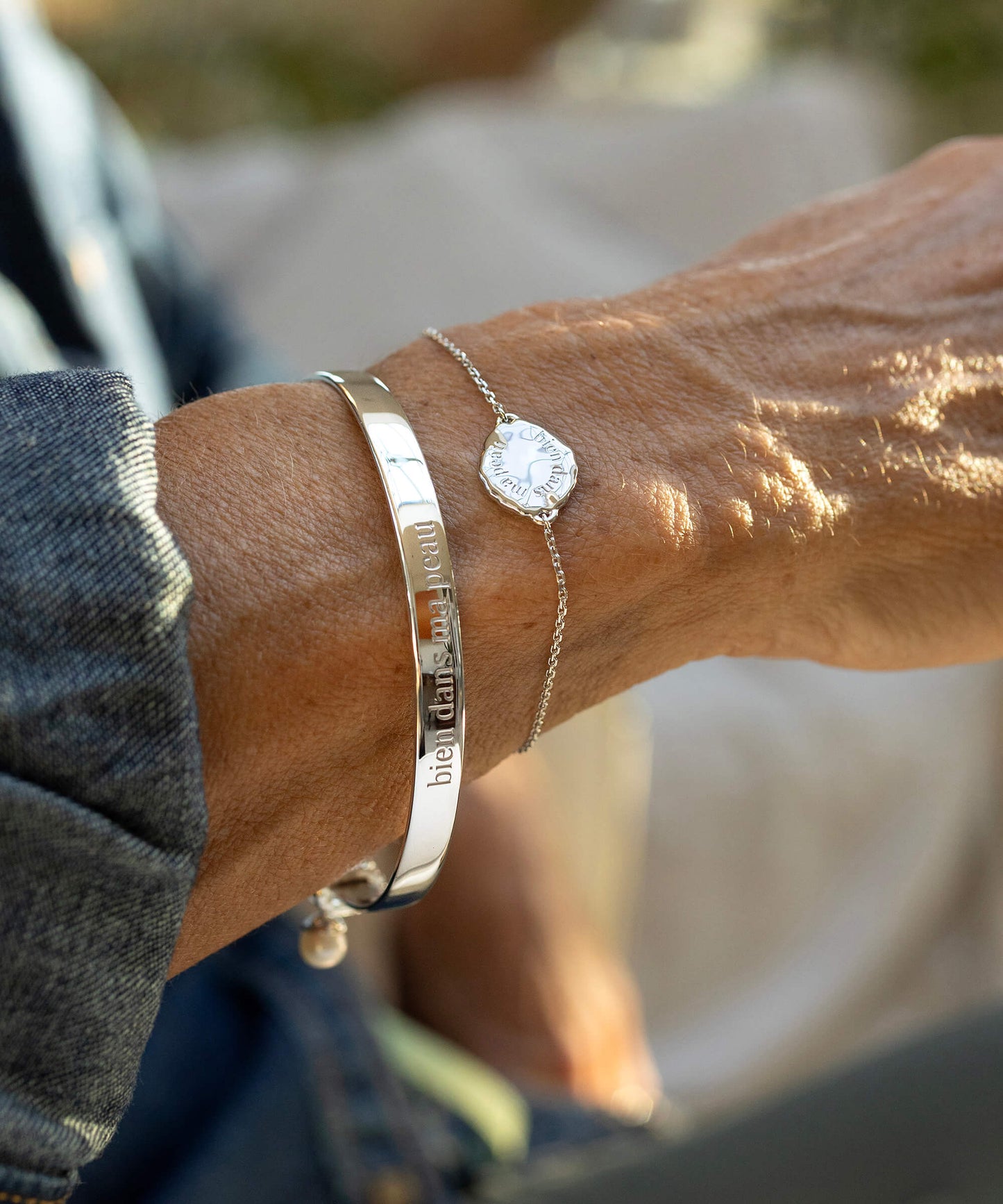 Midlifechic mantra silver disc bracelet with single pearl charm, rhodium plate