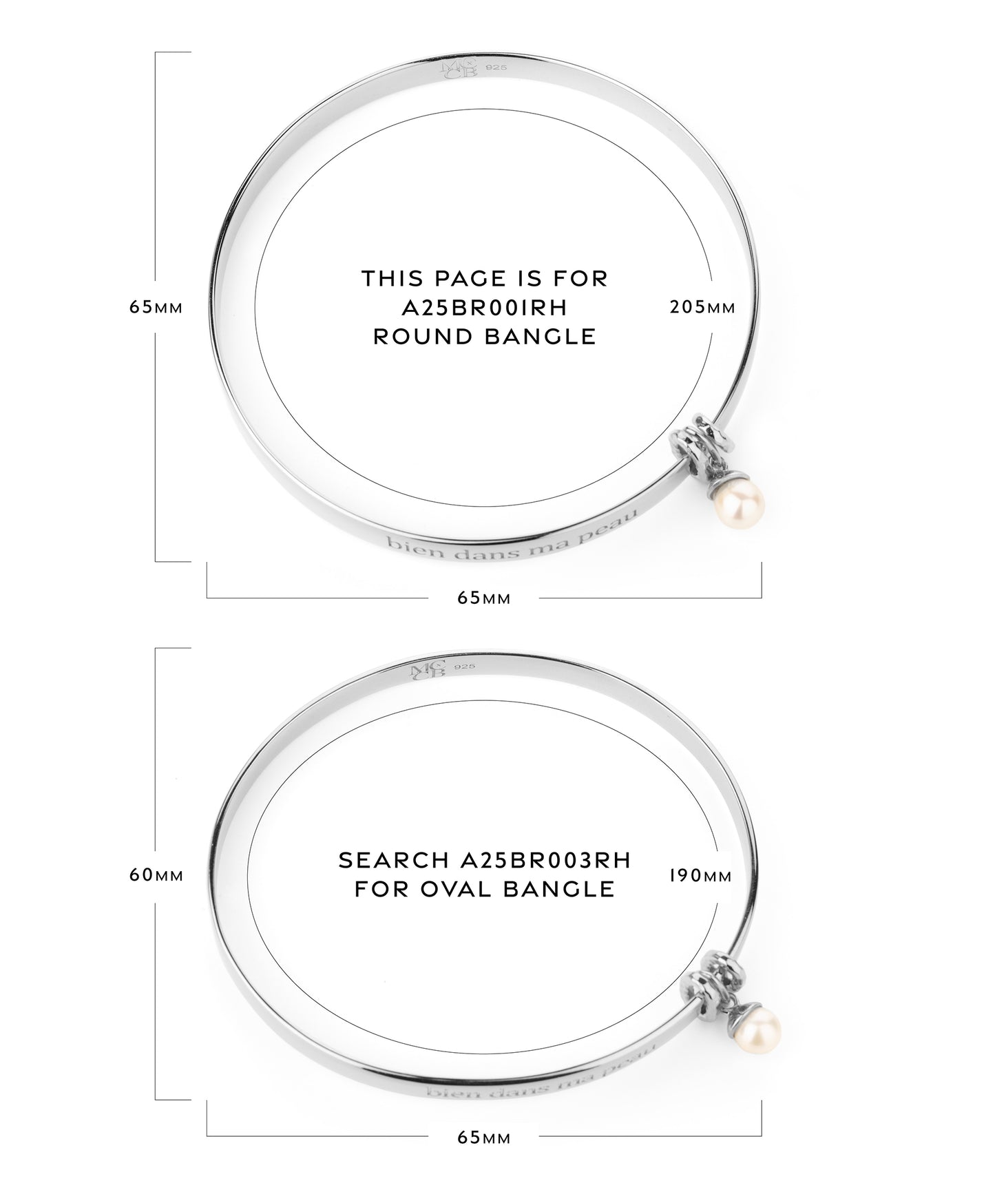 Midlifechic mantra ROUND silver bangle with single pearl charm, rhodium plate