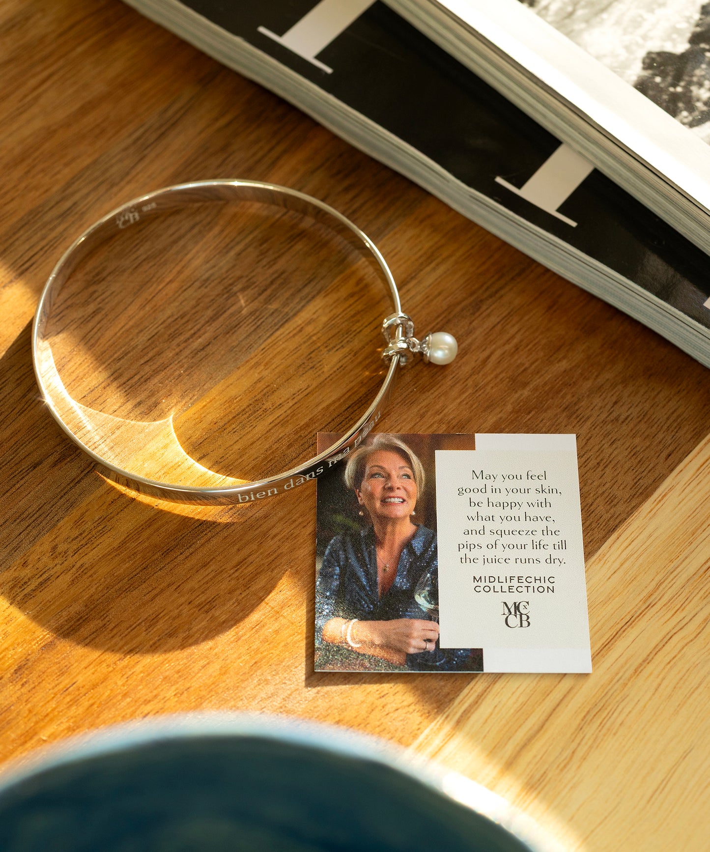 Midlifechic mantra ROUND silver bangle with single pearl charm, rhodium plate