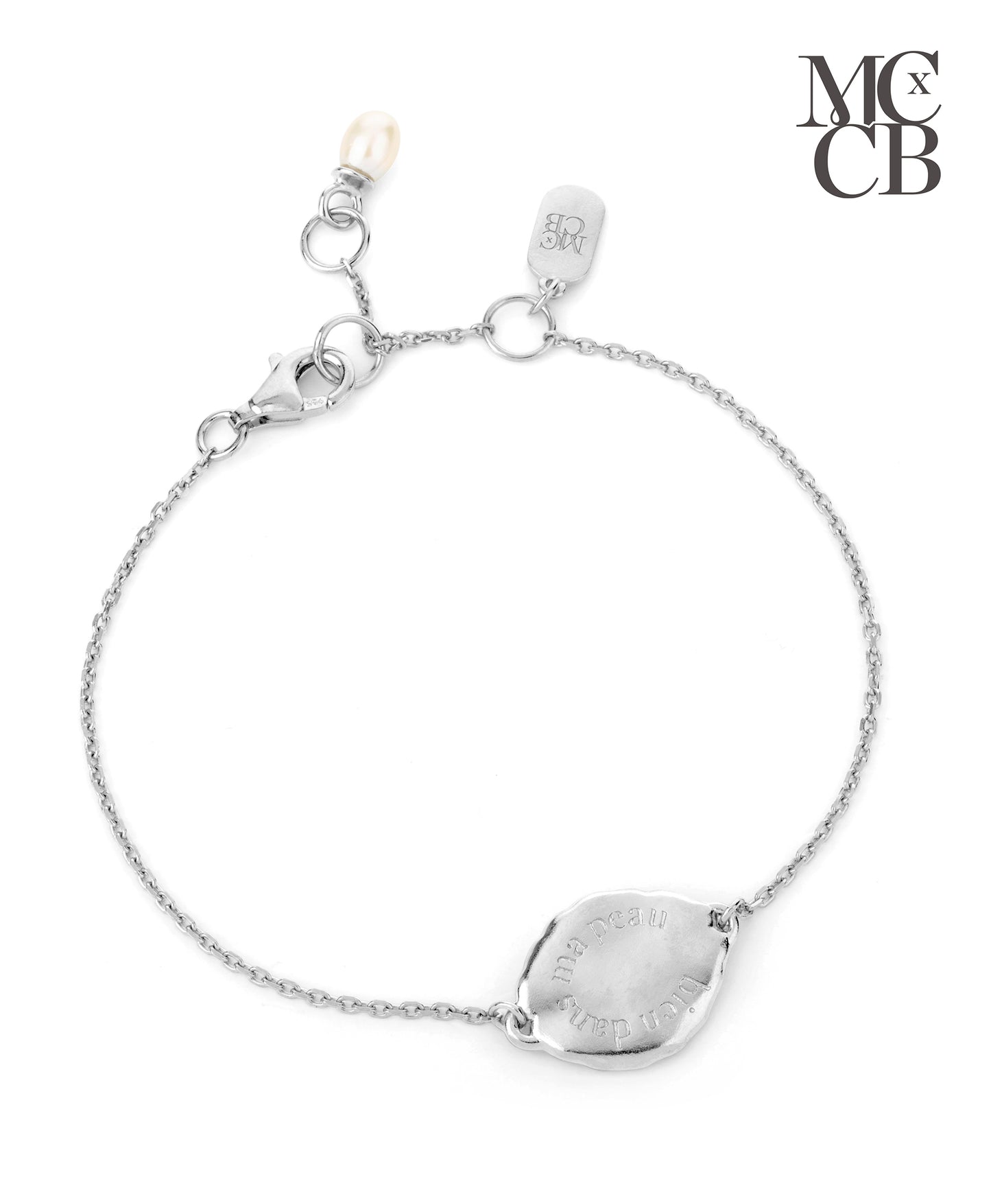Midlifechic mantra silver disc bracelet with single pearl charm, rhodium plate