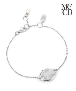 Midlifechic mantra silver disc bracelet with single pearl charm, rhodium plate