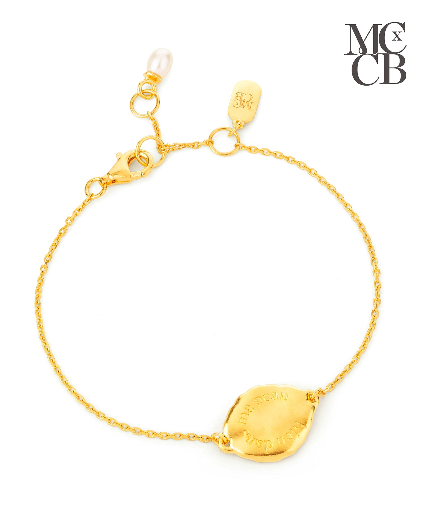 Midlifechic mantra disc bracelet with single pearl charm, 18k gold plate