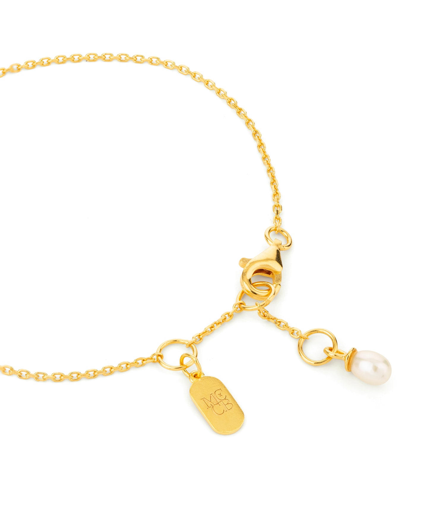 Midlifechic mantra disc bracelet with single pearl charm, 18k gold plate
