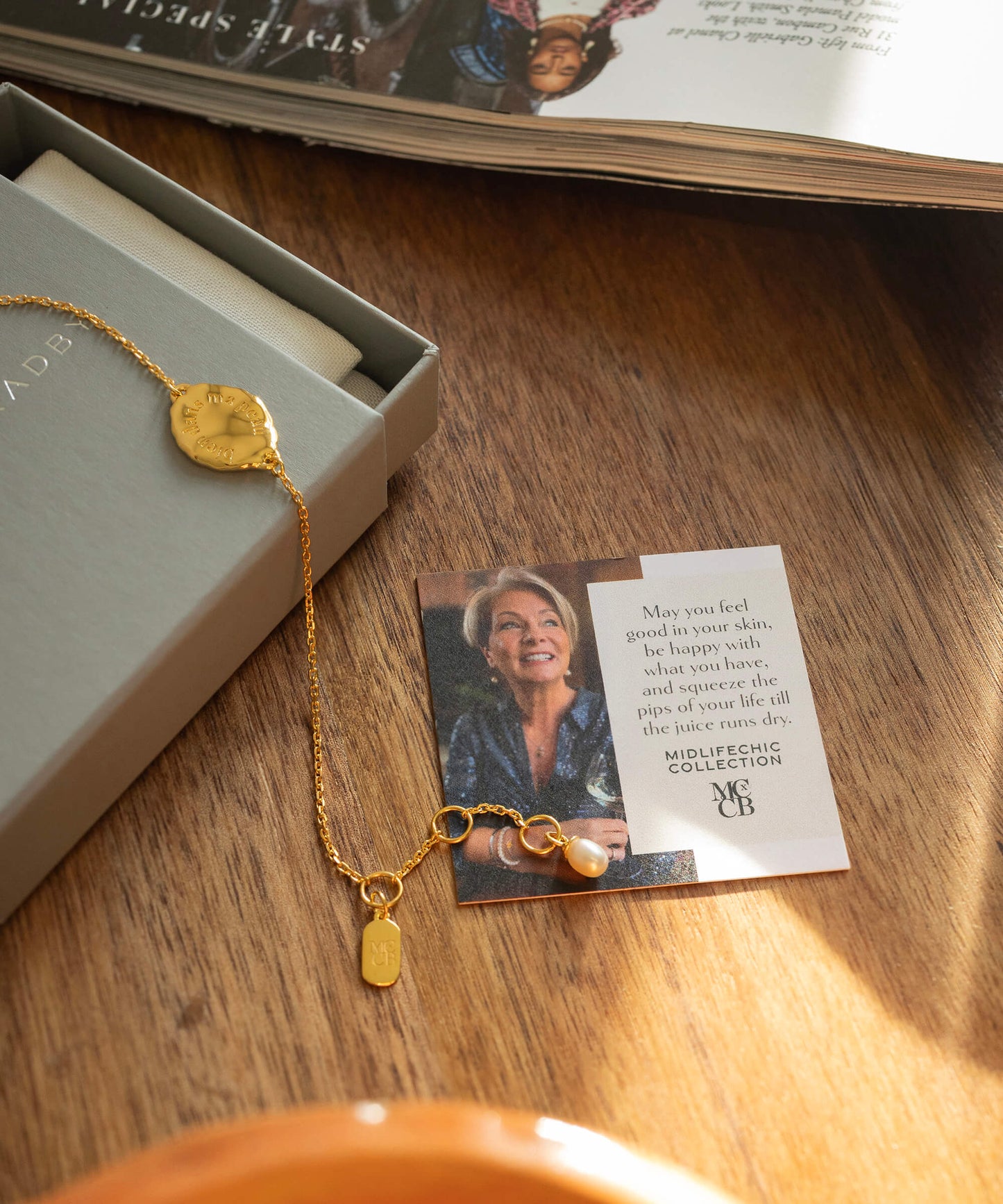 Midlifechic mantra disc bracelet with single pearl charm, 18k gold plate