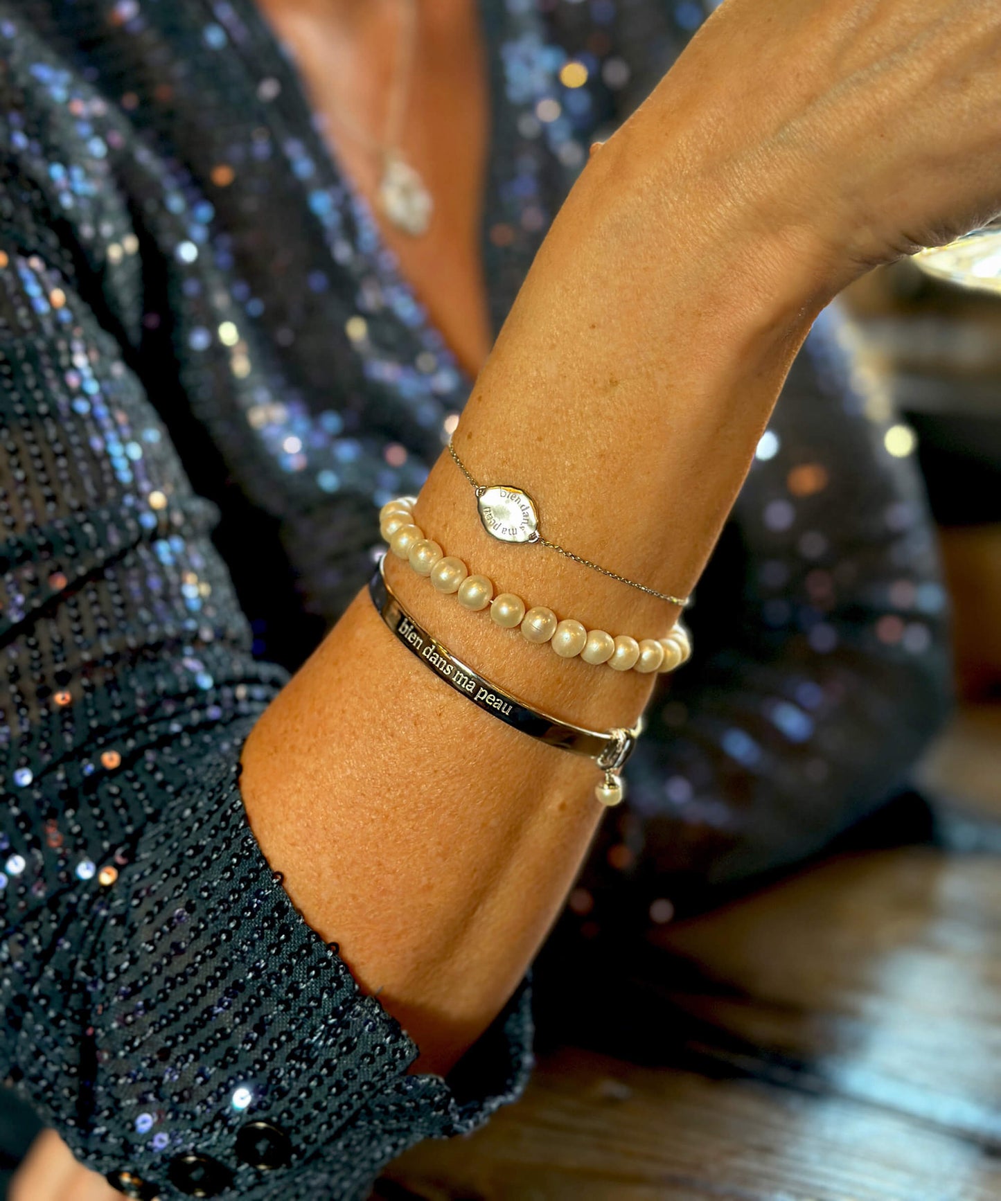 Midlifechic mantra ROUND silver bangle with single pearl charm, rhodium plate