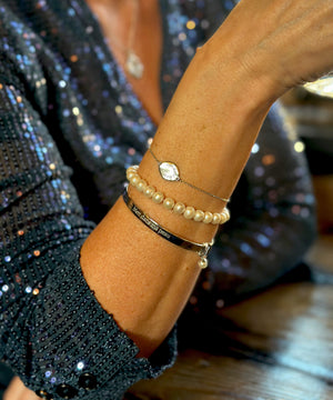 Midlifechic mantra silver disc bracelet with single pearl charm, rhodium plate