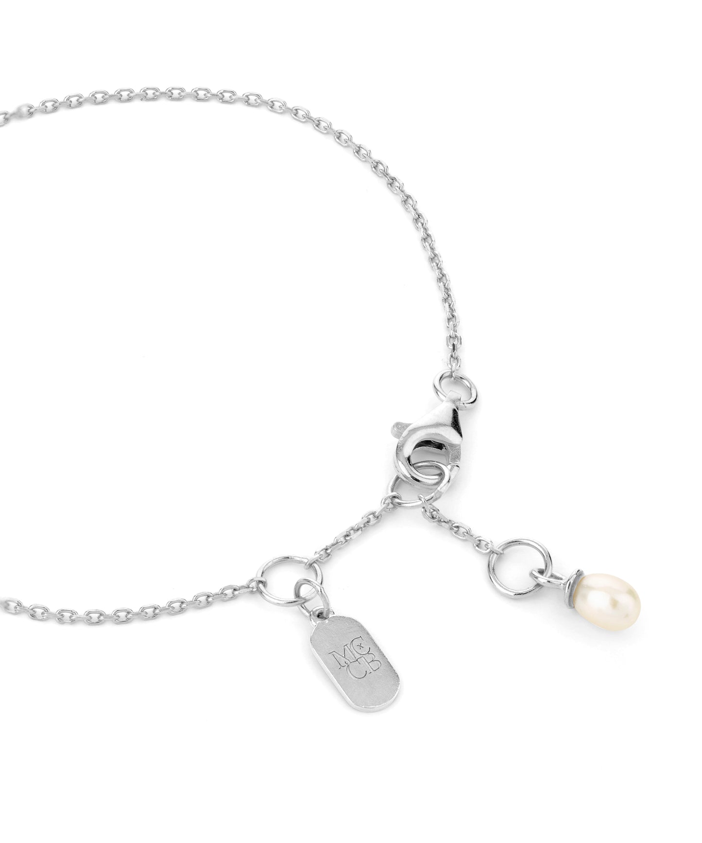 Midlifechic mantra silver disc bracelet with single pearl charm, rhodium plate