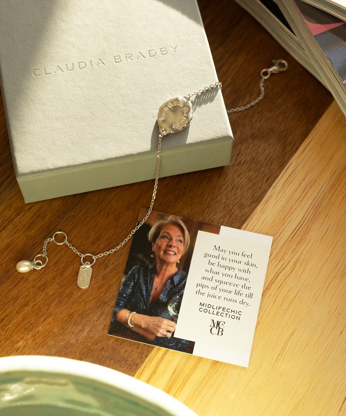 Midlifechic mantra silver disc bracelet with single pearl charm, rhodium plate