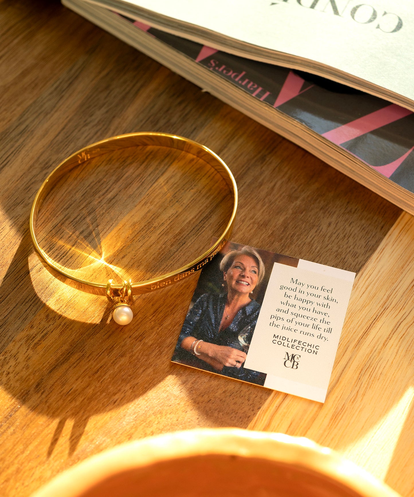 Midlifechic mantra SLIM OVAL bangle, with single pearl charm, 18k gold plate