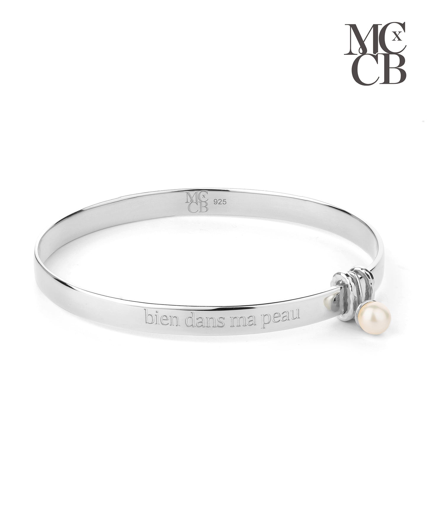 Midlifechic mantra SLIM OVAL silver bangle, with single pearl charm, rhodium plate