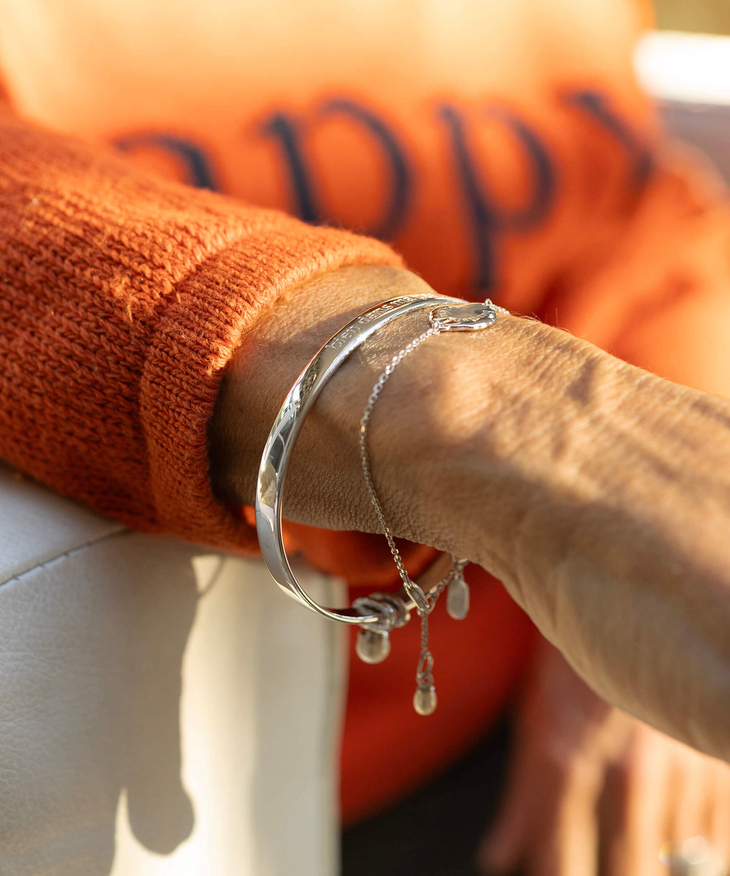 Midlifechic mantra SLIM OVAL silver bangle, with single pearl charm, rhodium plate