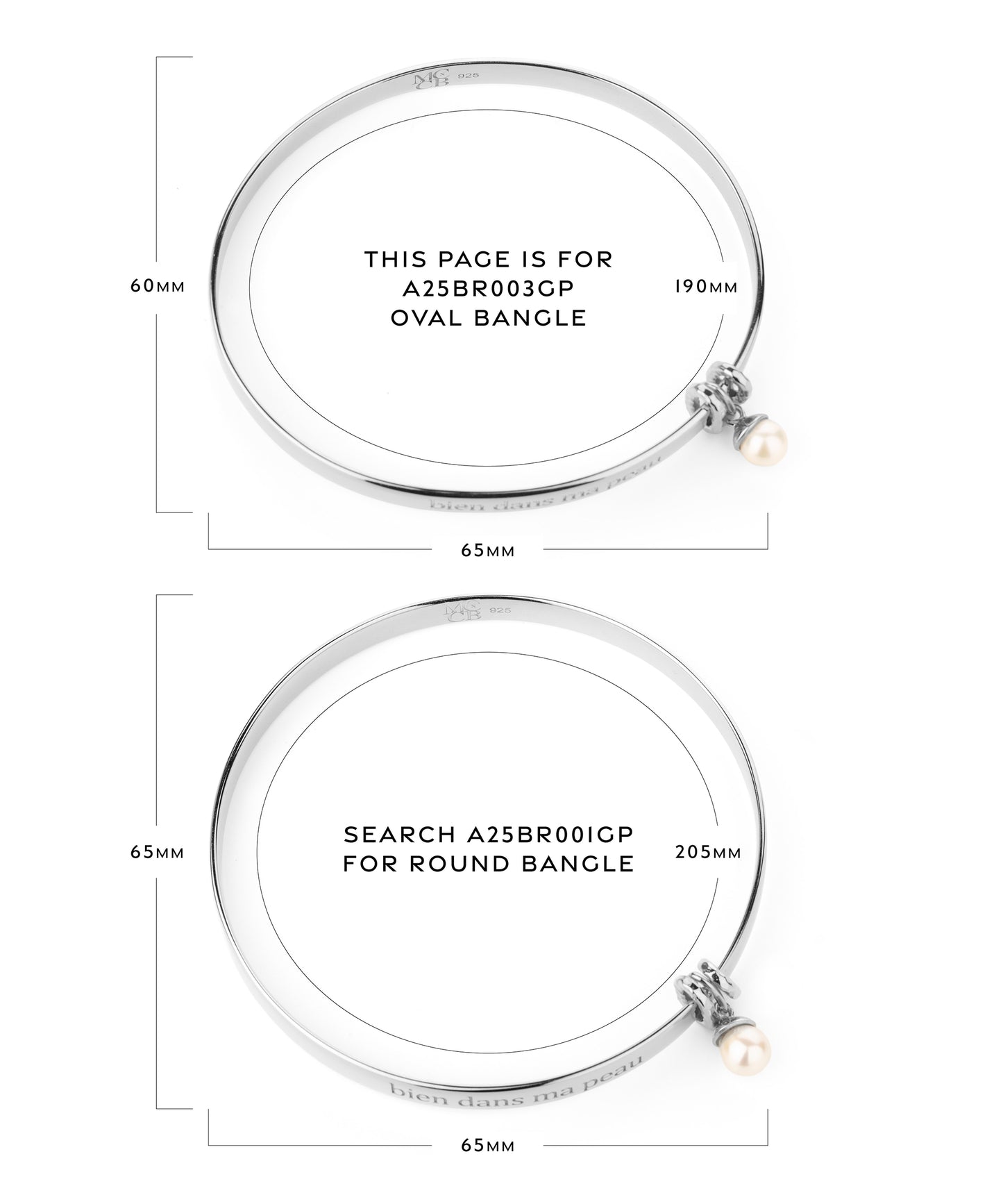 Midlifechic mantra SLIM OVAL silver bangle, with single pearl charm, rhodium plate