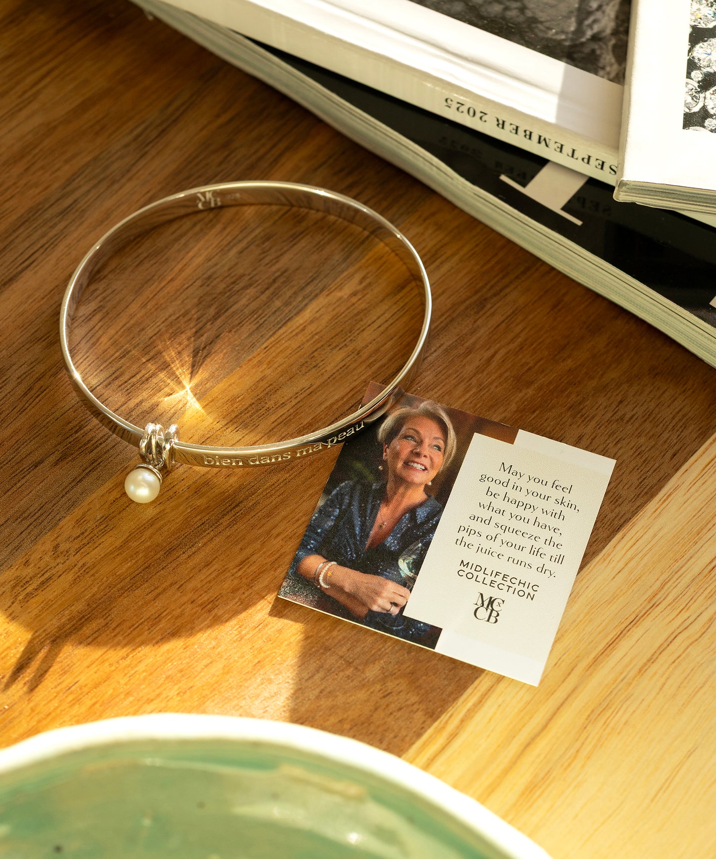 Midlifechic mantra SLIM OVAL silver bangle, with single pearl charm, rhodium plate