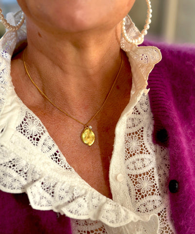 Midlifechic mantra necklace with single pearl charm, gold plate