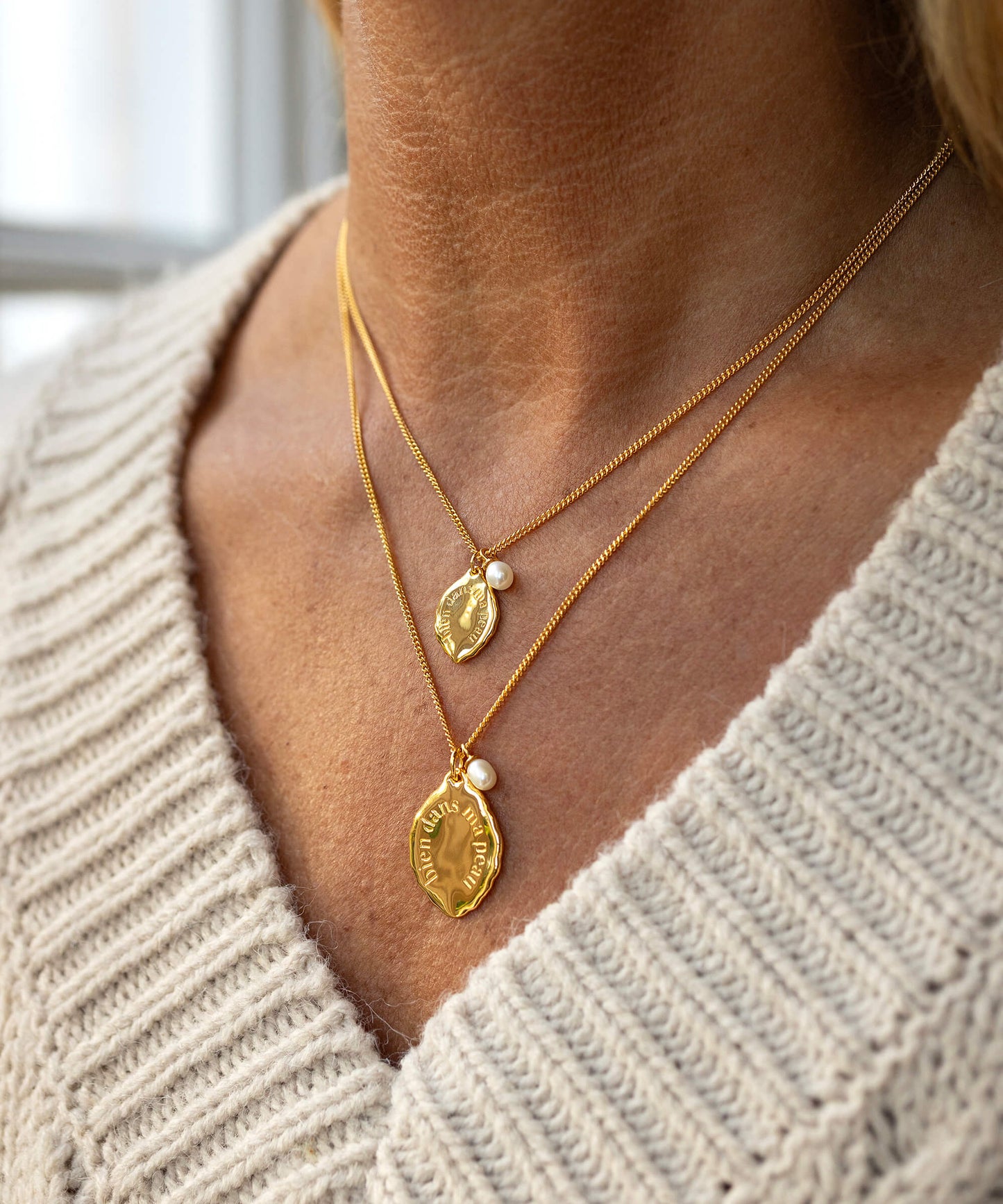 Midlifechic micro mantra necklace with single pearl charm, gold plate